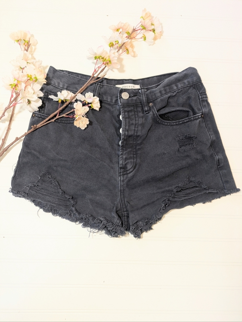 PacSun Black Distressed Vintage High Rowe Shorts Button Fly